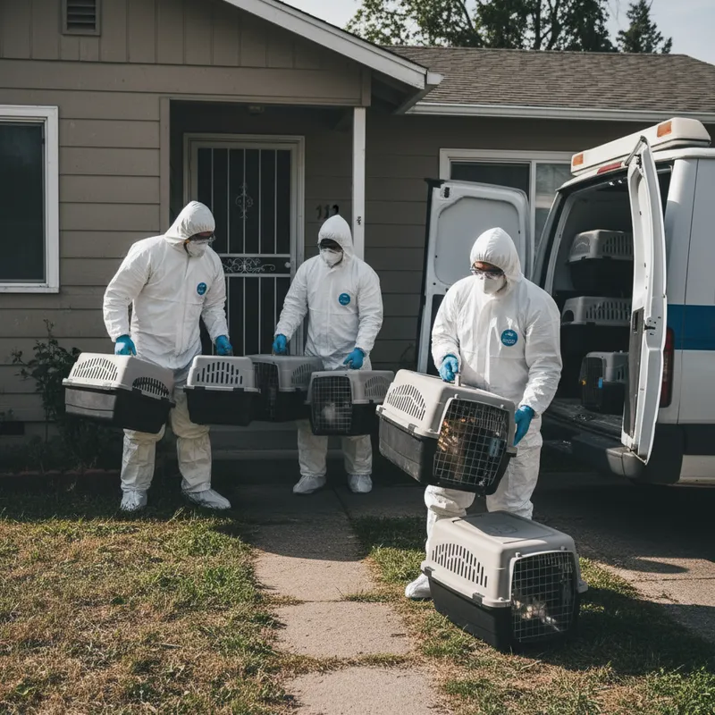 Animal rescue workers carrying pet carriers from a residential home