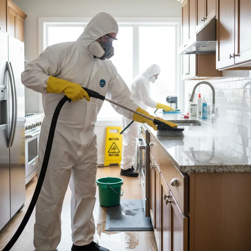 Professional cleaning crew deep cleaning a residential kitchen with industrial equipment