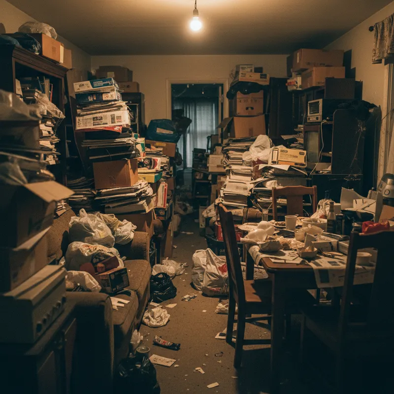 Example of Level 3 hoarding showing heavily cluttered room with narrow pathways