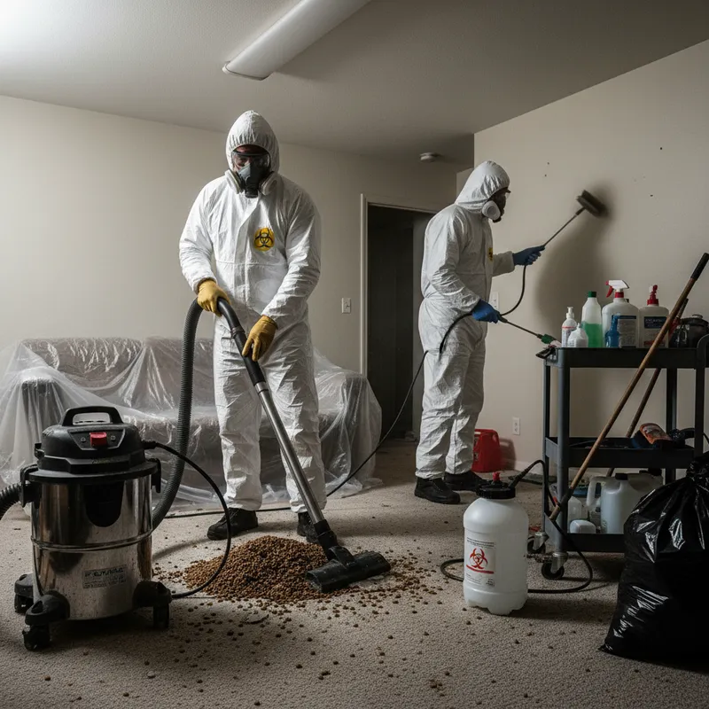 Professional biohazard cleanup workers cleaning a pet-contaminated room